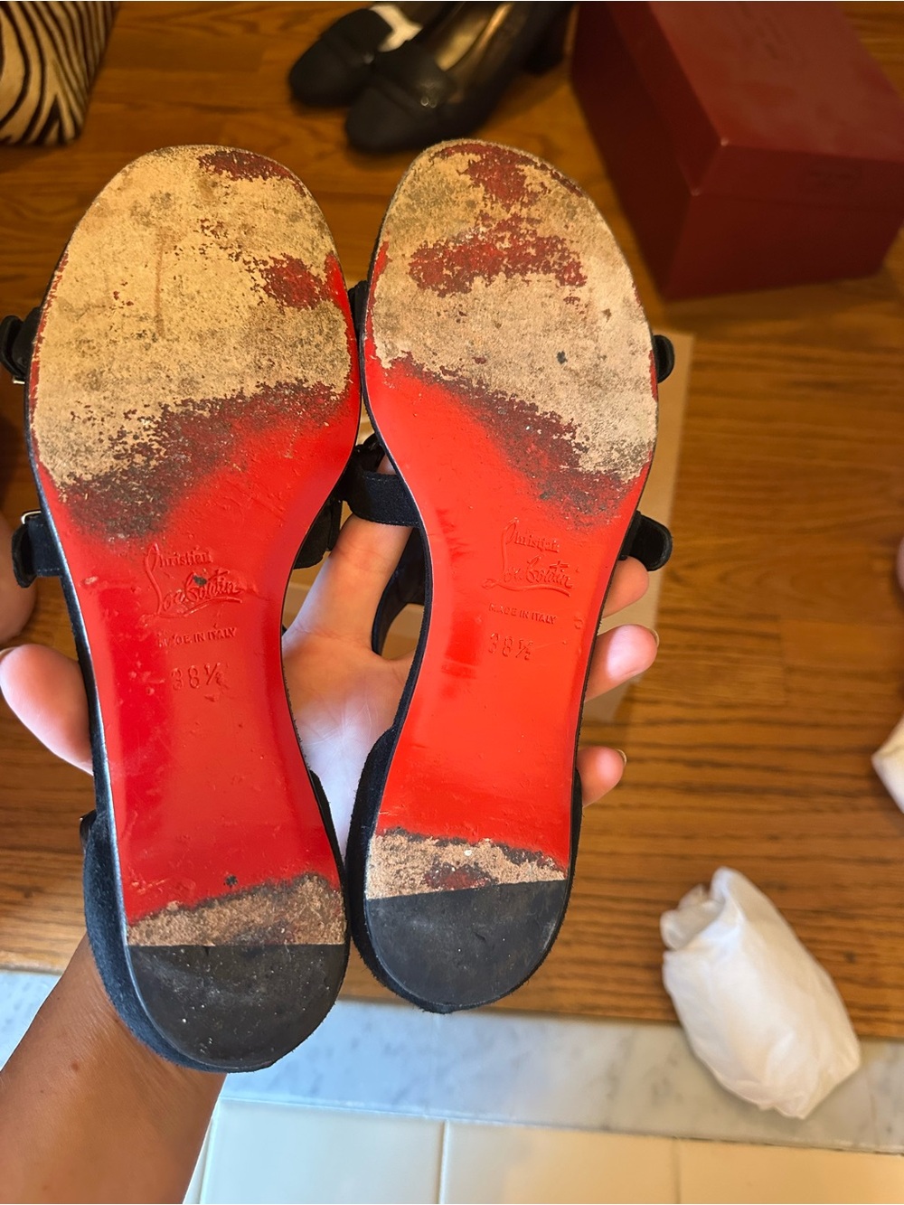 Christian Louboutin Black Suede Triple Buckle Sandals - Picture 6 of 8